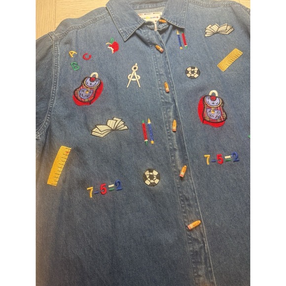 NWT Tantrums Long SleeveDenim Button Down Shirt W/ Embroidery & Pencil Buttons M - Picture 6 of 8